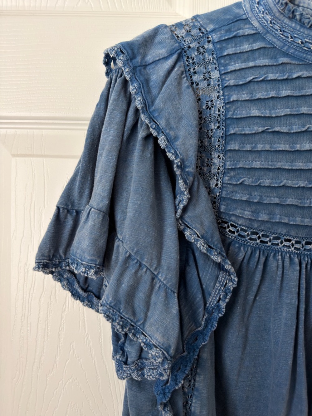 Free People Le Femme Ruffled Crochet Top Blue Boho Medium - Picture 8 of 8